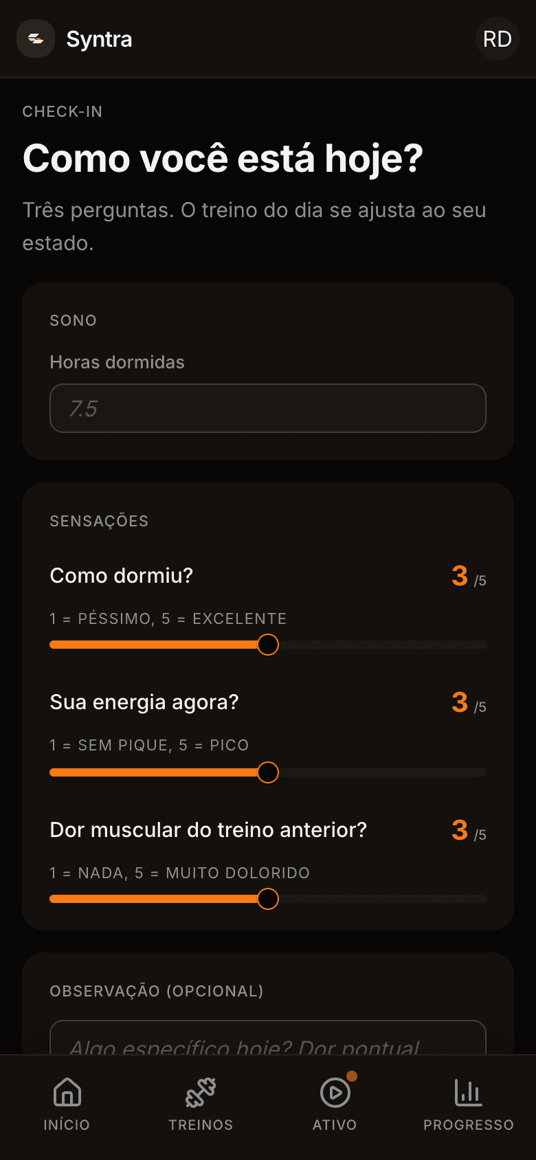 Tela de check-in diário com sono, energia e dor