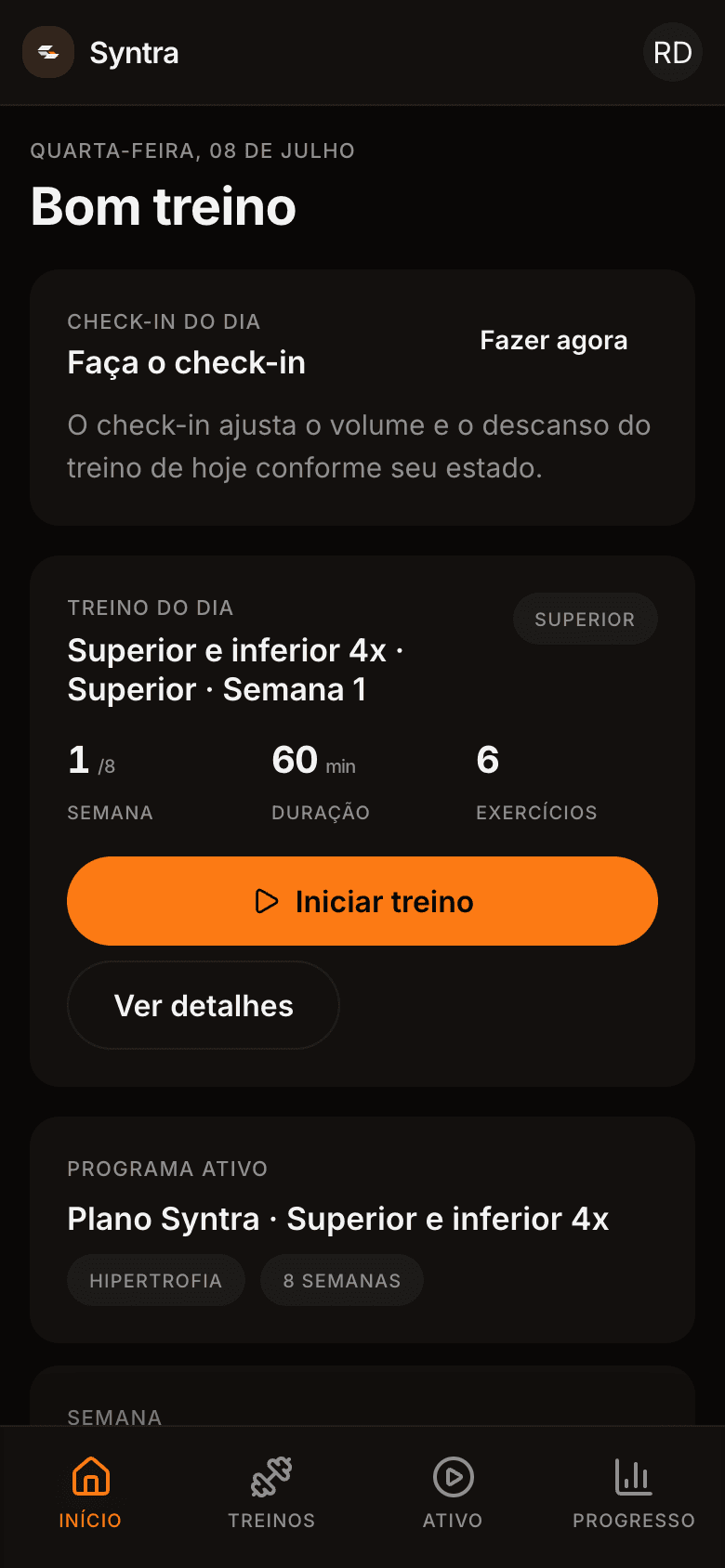 Tela inicial do app Syntra com o treino do dia