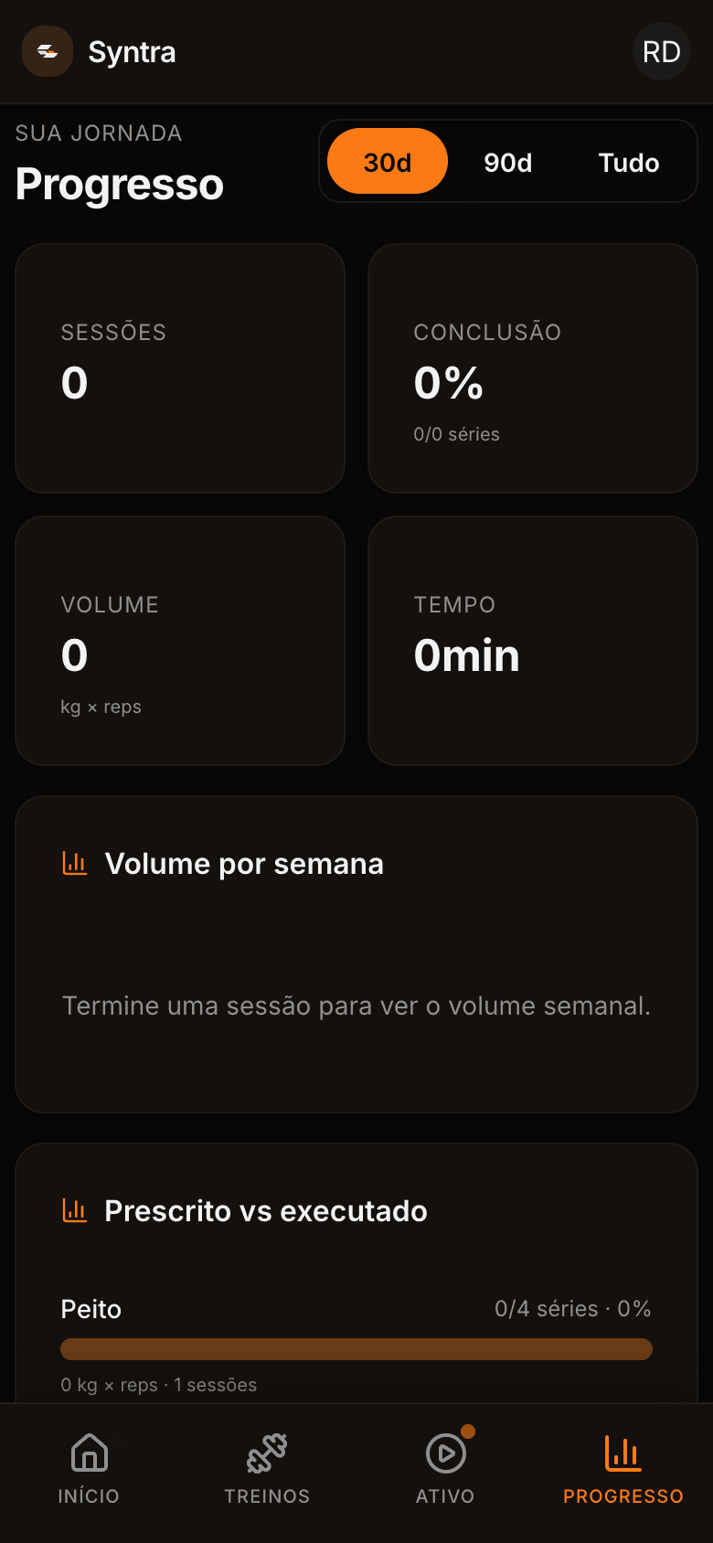 Tela de progresso com volume e histórico