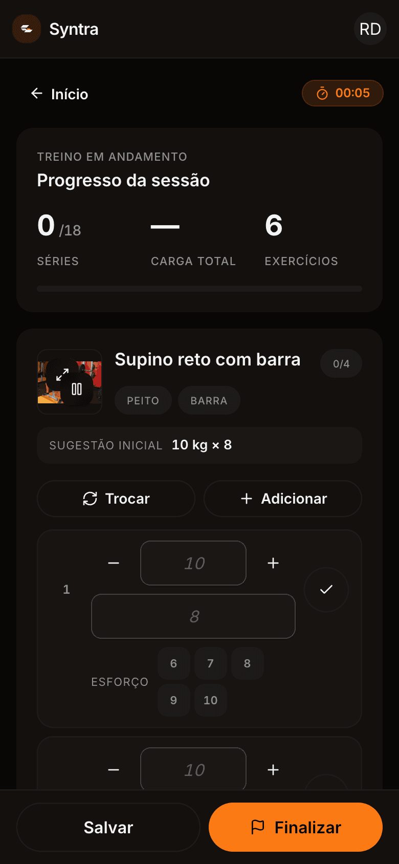 Tela de execução do treino com séries e cargas